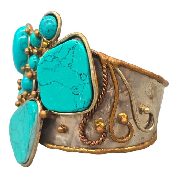 Turquoise Modernist Brutalist Mixed Metal Cuff Bracelet Bronze Copper Silver - Picture 4 of 11